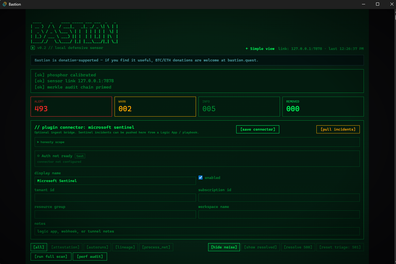 Bastion operator/advanced console — ASCII BASTION banner, alert/warn/info/removed counters, Sentinel connector, event source filters, full triage controls.