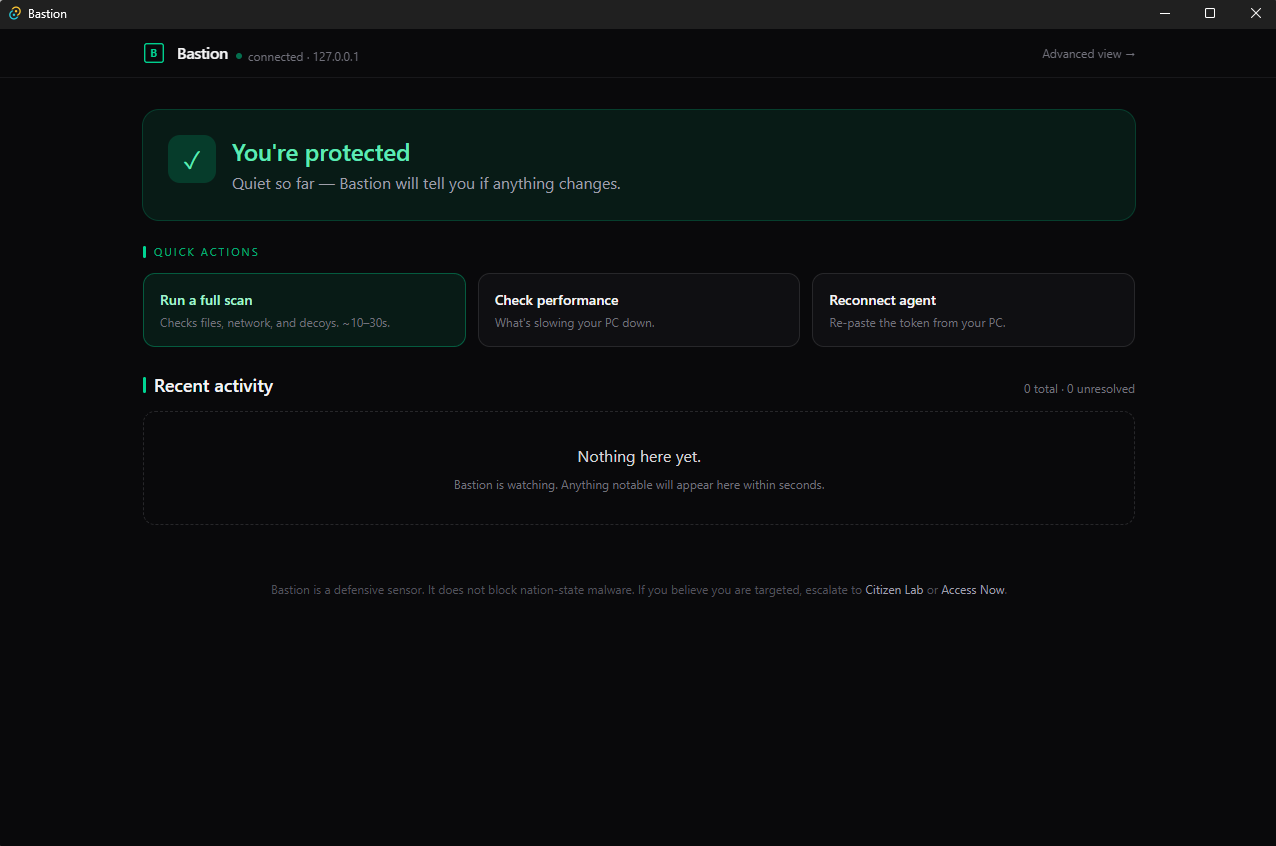 Bastion simple console — 'You're protected' status, Quick actions (Run a full scan, Check performance, Reconnect agent), Recent activity feed.